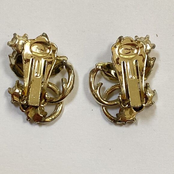 Vintage Clip On Earrings Mid Century Goldtone & Pink Rhinestones Filigree Floral - Picture 2 of 6